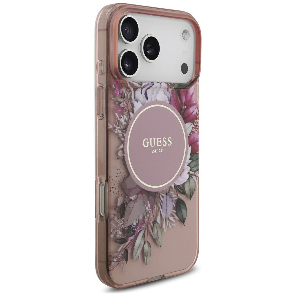 Coque MagSafe pour Apple iPhone 18 Pro / 17 Pro, Guess, IML Flowers with Pearl Strap, rose