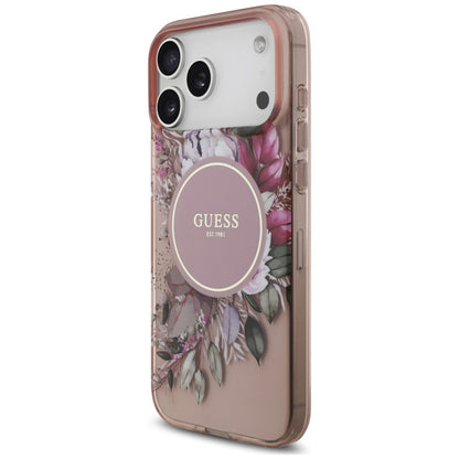 Coque MagSafe pour Apple iPhone 18 Pro / 17 Pro, Guess, IML Flowers with Pearl Strap, rose