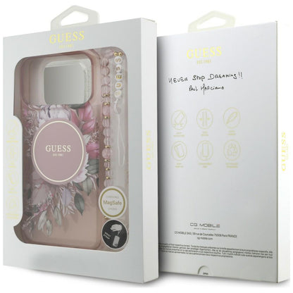Coque MagSafe pour Apple iPhone 18 Pro / 17 Pro, Guess, IML Flowers with Pearl Strap, rose
