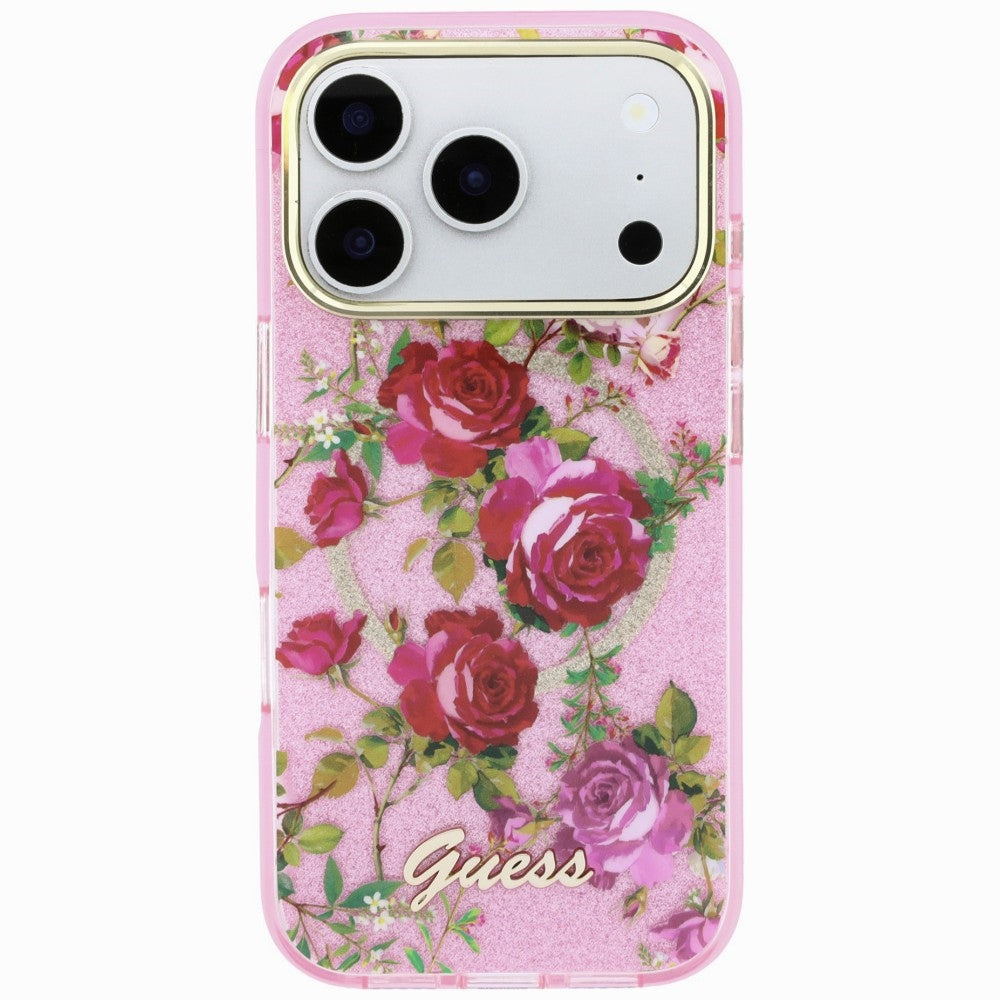 Coque MagSafe pour Apple iPhone 18 Pro / 17 Pro, Guess, IML Glitter Blossom Roses, Rose