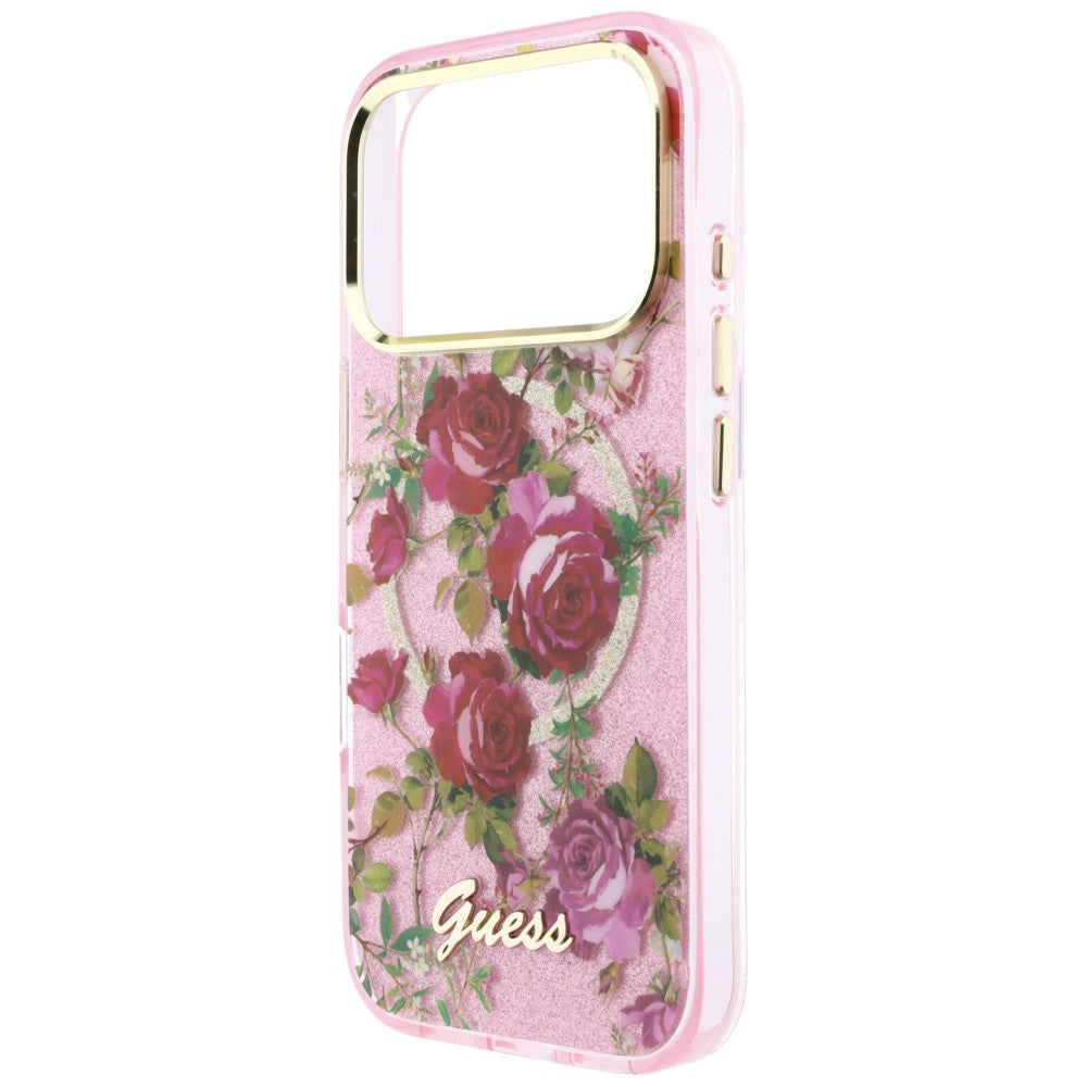 Coque MagSafe pour Apple iPhone 18 Pro / 17 Pro, Guess, IML Glitter Blossom Roses, Rose