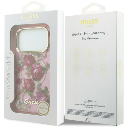 Coque MagSafe pour Apple iPhone 18 Pro / 17 Pro, Guess, IML Glitter Blossom Roses, Rose