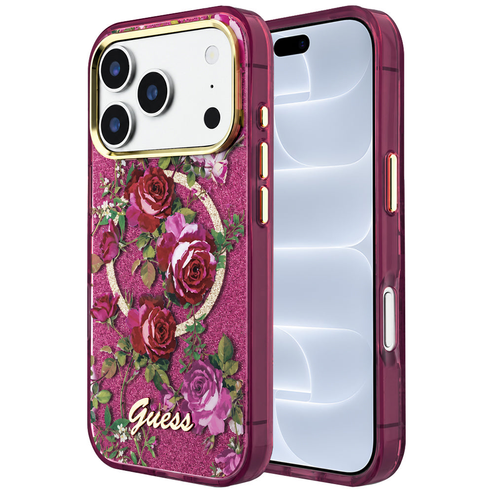 MagSafe-Hülle für Apple iPhone 18 Pro / 17 Pro, Guess, IML Glitter Blossom Roses, Weinrot