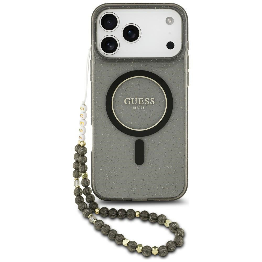 MagSafe-Hülle für Apple iPhone 18 Pro / 17 Pro, Guess, IML Glitter with Pearl Strap, Schwarz
