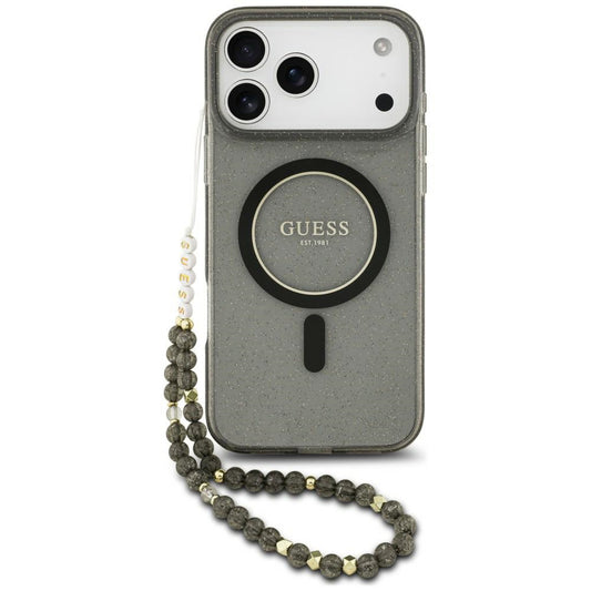 MagSafe-Hülle für Apple iPhone 18 Pro / 17 Pro, Guess, IML Glitter with Pearl Strap, Schwarz