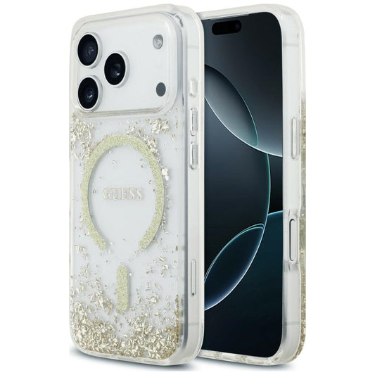 Coque MagSafe pour Apple iPhone 18 Pro / 17 Pro, Guess, Fond en Résine Pailleté, Dorée