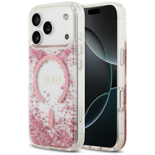 Coque MagSafe pour Apple iPhone 18 Pro / 17 Pro, Guess, Fond en Résine Pailleté, Rose