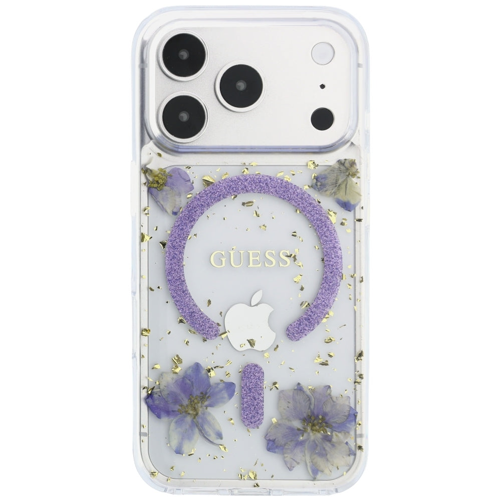 MagSafe-Hülle für Apple iPhone 18 Pro / 17 Pro, Guess, Harzblumen und Glitzer, Lila