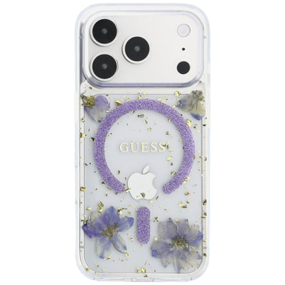 MagSafe-Hülle für Apple iPhone 18 Pro / 17 Pro, Guess, Harzblumen und Glitzer, Lila