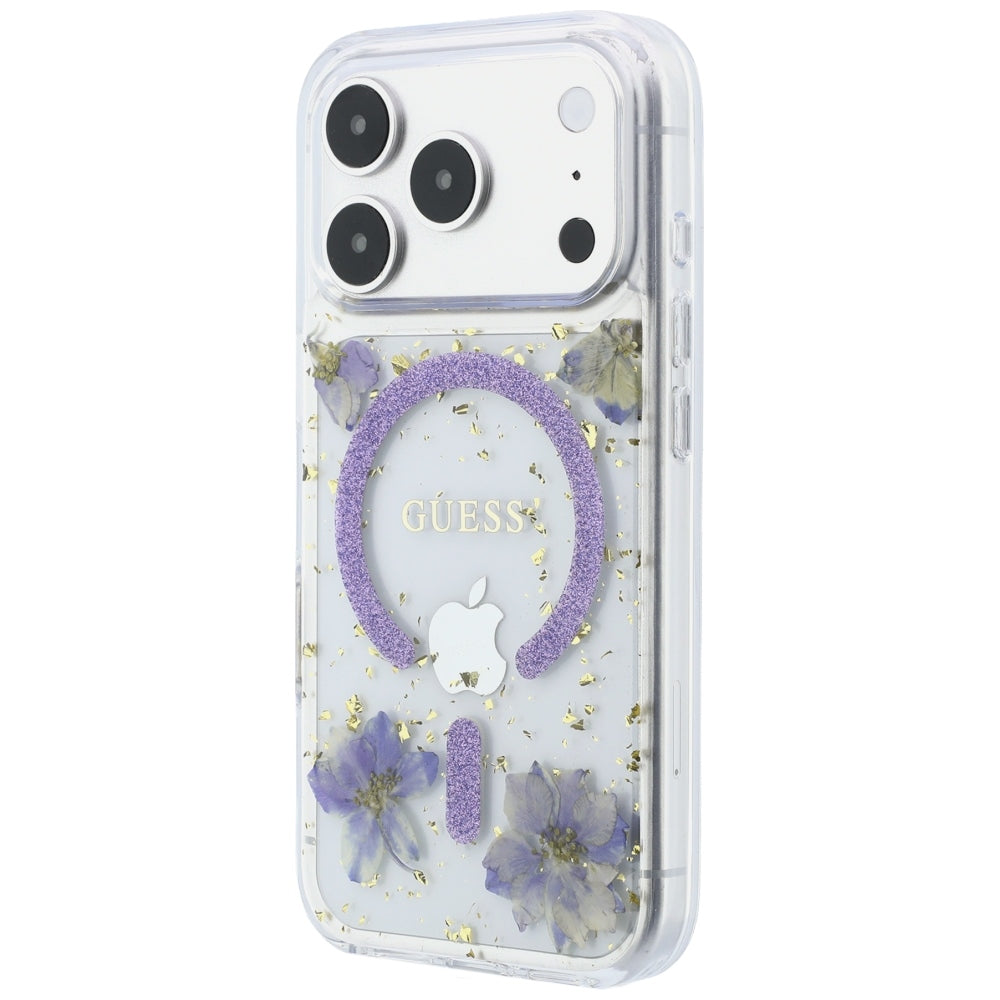 MagSafe-Hülle für Apple iPhone 18 Pro / 17 Pro, Guess, Harzblumen und Glitzer, Lila