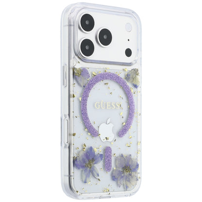 MagSafe-Hülle für Apple iPhone 18 Pro / 17 Pro, Guess, Harzblumen und Glitzer, Lila