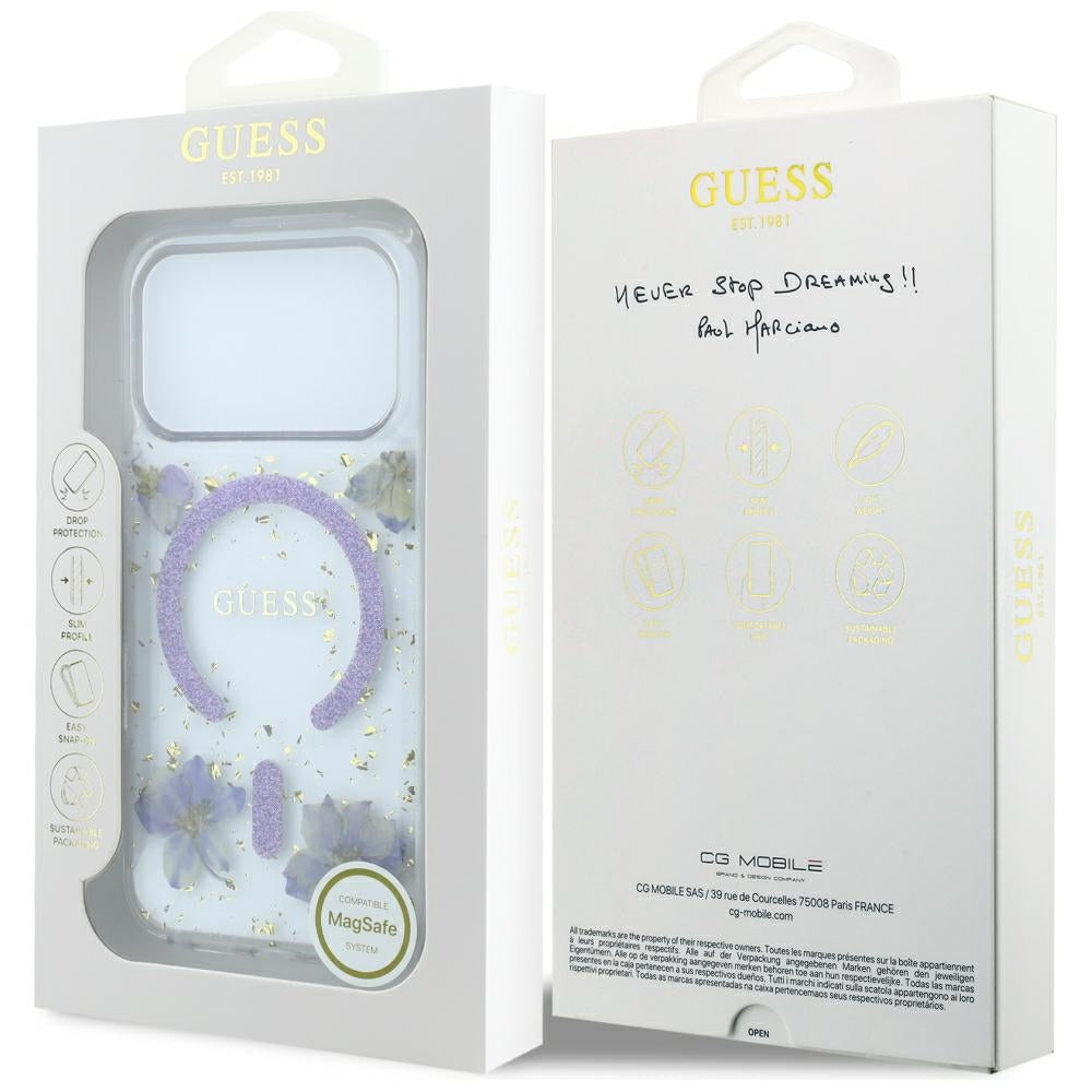 MagSafe-Hülle für Apple iPhone 18 Pro / 17 Pro, Guess, Harzblumen und Glitzer, Lila