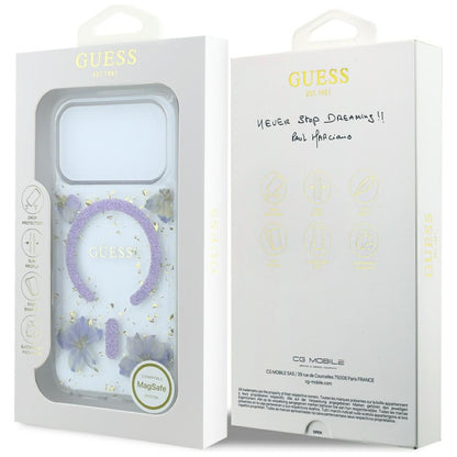 MagSafe-Hülle für Apple iPhone 18 Pro / 17 Pro, Guess, Harzblumen und Glitzer, Lila