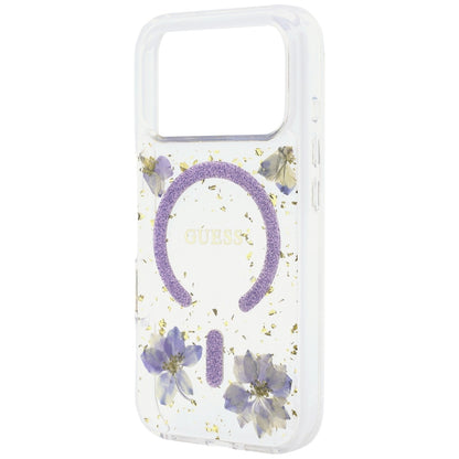 MagSafe-Hülle für Apple iPhone 18 Pro / 17 Pro, Guess, Harzblumen und Glitzer, Lila