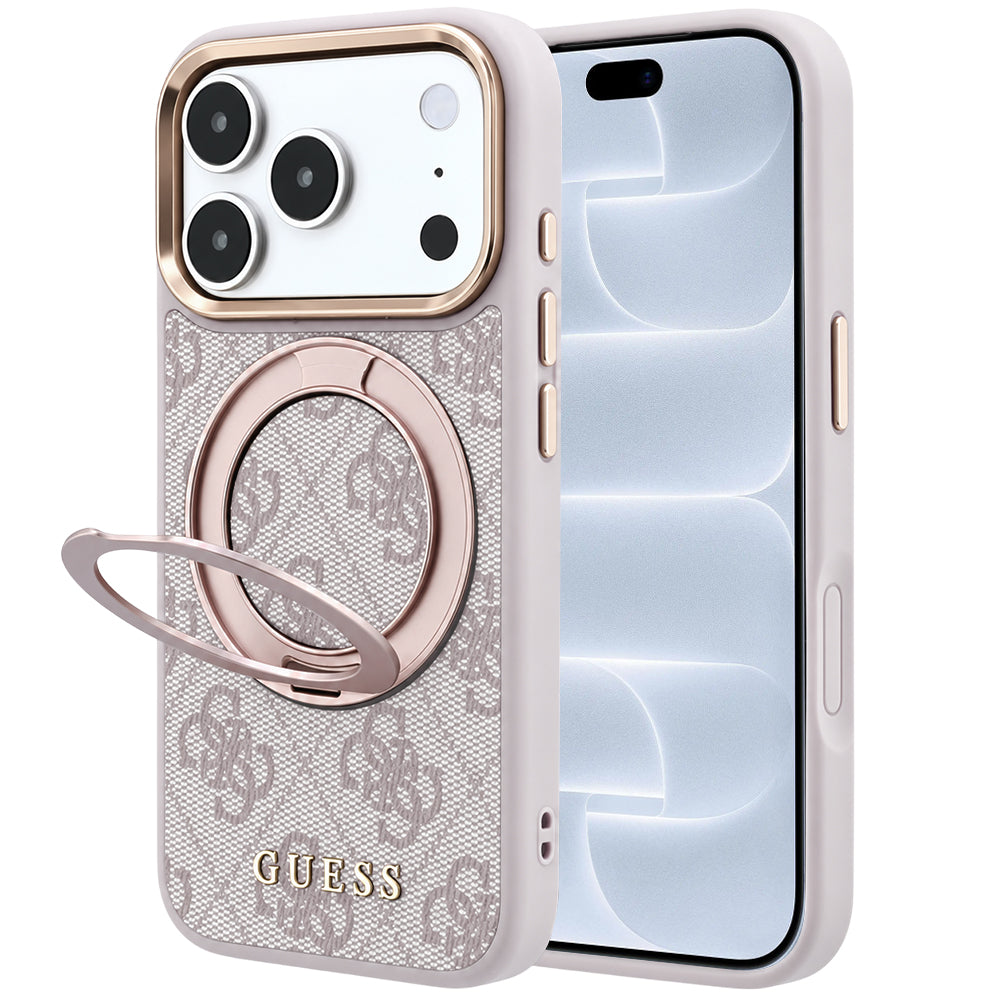 Coque MagSafe pour Apple iPhone 18 Pro / 17 Pro, Guess, Support Anneau 360 4G Logo Classique, Rose