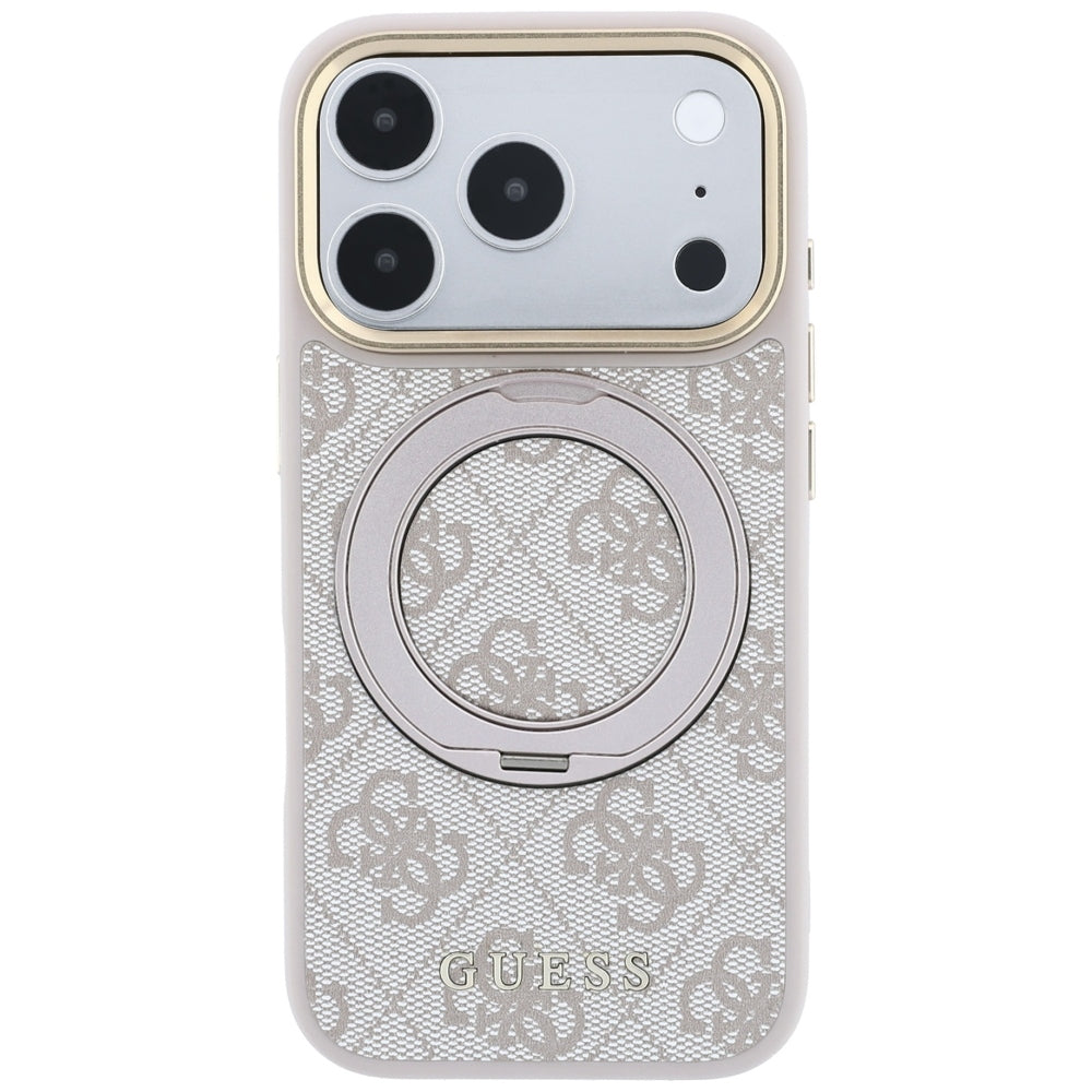 Coque MagSafe pour Apple iPhone 18 Pro / 17 Pro, Guess, Support Anneau 360 4G Logo Classique, Rose