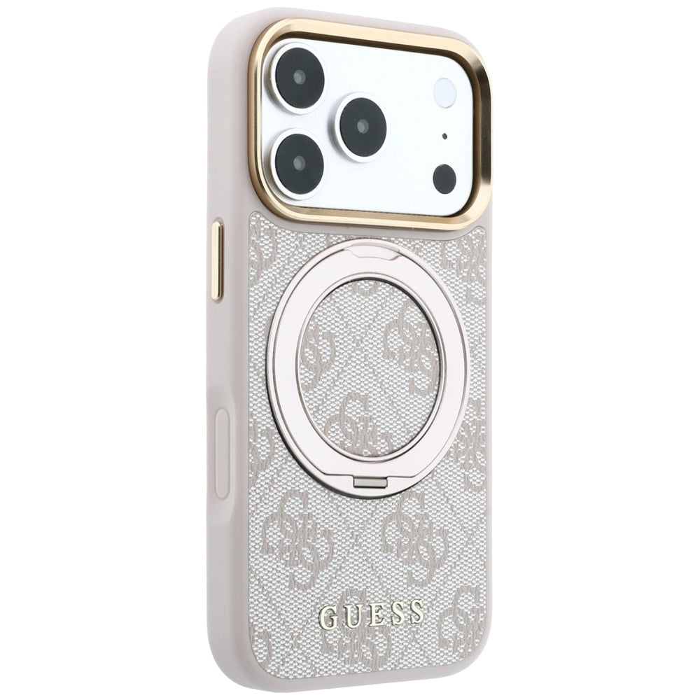Coque MagSafe pour Apple iPhone 18 Pro / 17 Pro, Guess, Support Anneau 360 4G Logo Classique, Rose