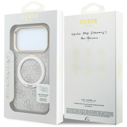 Coque MagSafe pour Apple iPhone 18 Pro / 17 Pro, Guess, Support Anneau 360 4G Logo Classique, Rose