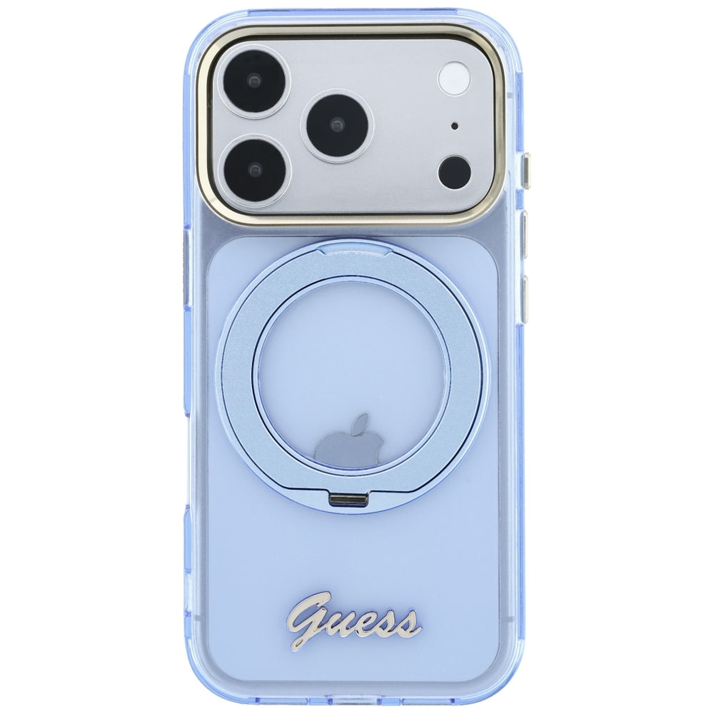 MagSafe-Hülle für Apple iPhone 18 Pro / 17 Pro, Guess, Ring Stand Script Metall-Logo, Blau
