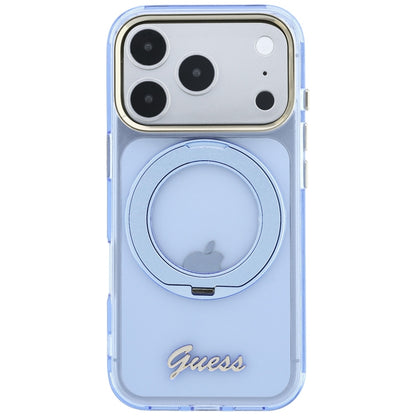 MagSafe-Hülle für Apple iPhone 18 Pro / 17 Pro, Guess, Ring Stand Script Metall-Logo, Blau