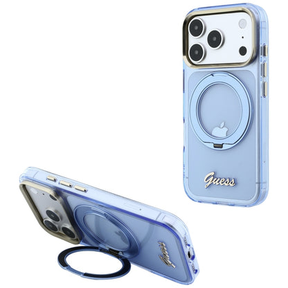 MagSafe-Hülle für Apple iPhone 18 Pro / 17 Pro, Guess, Ring Stand Script Metall-Logo, Blau