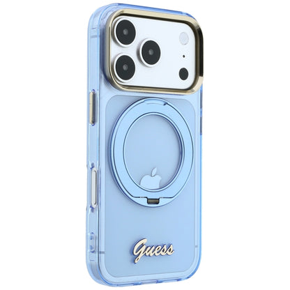 MagSafe-Hülle für Apple iPhone 18 Pro / 17 Pro, Guess, Ring Stand Script Metall-Logo, Blau