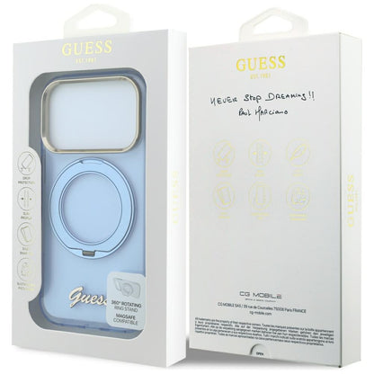MagSafe-Hülle für Apple iPhone 18 Pro / 17 Pro, Guess, Ring Stand Script Metall-Logo, Blau