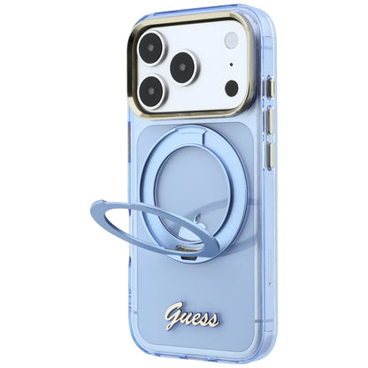 MagSafe-Hülle für Apple iPhone 18 Pro / 17 Pro, Guess, Ring Stand Script Metall-Logo, Blau