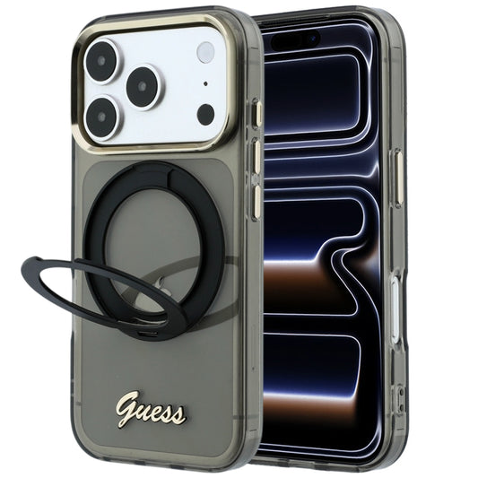 Coque MagSafe pour Apple iPhone 18 Pro / 17 Pro, Guess, Support Anneau Logo Métal Script, Noire
