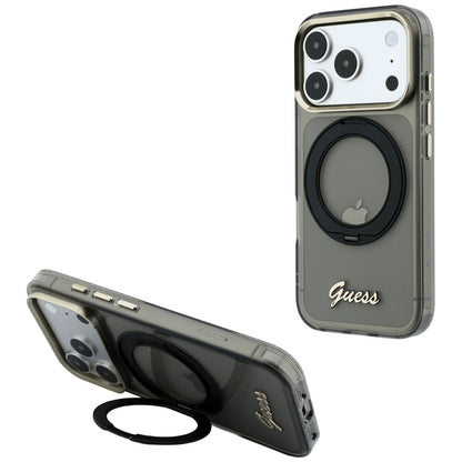 Coque MagSafe pour Apple iPhone 18 Pro / 17 Pro, Guess, Support Anneau Logo Métal Script, Noire