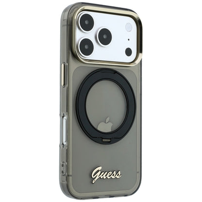 Coque MagSafe pour Apple iPhone 18 Pro / 17 Pro, Guess, Support Anneau Logo Métal Script, Noire