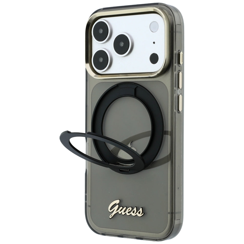 Coque MagSafe pour Apple iPhone 18 Pro / 17 Pro, Guess, Support Anneau Logo Métal Script, Noire