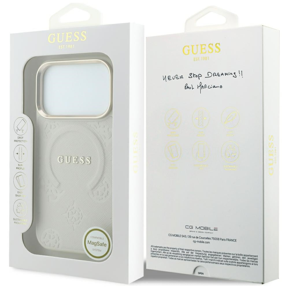 Coque MagSafe pour Apple iPhone 18 Pro / 17 Pro, Guess, Saffiano Peony Ring, beige