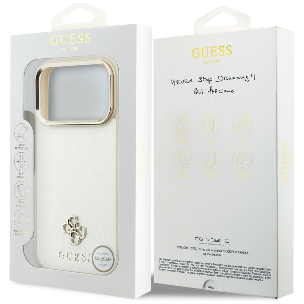 Coque MagSafe pour Apple iPhone 18 Pro / 17 Pro, Guess, Saffiano Small 4G Classic, Beige
