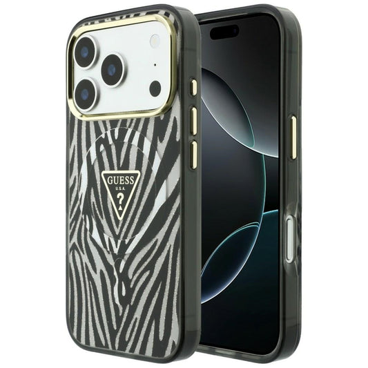 Coque MagSafe pour Apple iPhone 18 Pro / 17 Pro, Guess, Logo Triangle Paillettes Zèbre, Argentée