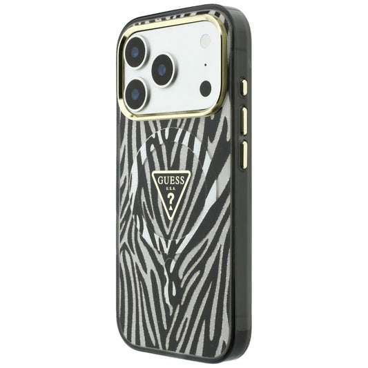 Coque MagSafe pour Apple iPhone 18 Pro / 17 Pro, Guess, Logo Triangle Paillettes Zèbre, Argentée
