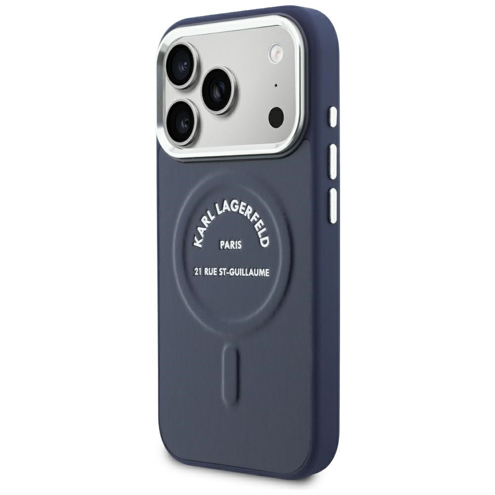 MagSafe-Hülle für Apple iPhone 18 Pro / 17 Pro, Karl Lagerfeld, Embossed Open Ring RSG Logo, Blau