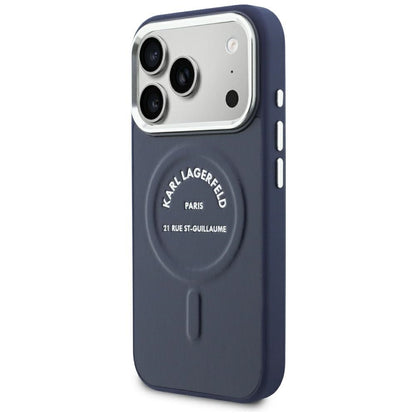 MagSafe-Hülle für Apple iPhone 18 Pro / 17 Pro, Karl Lagerfeld, Embossed Open Ring RSG Logo, Blau