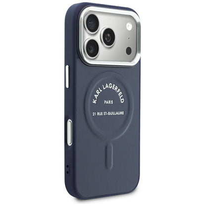 MagSafe-Hülle für Apple iPhone 18 Pro / 17 Pro, Karl Lagerfeld, Embossed Open Ring RSG Logo, Blau