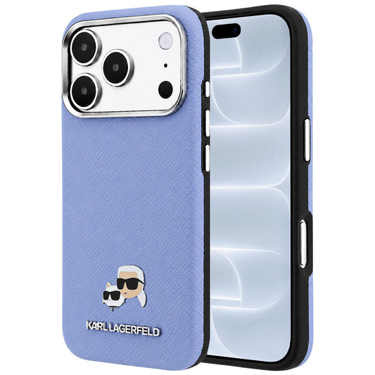MagSafe-Hülle für Apple iPhone 18 Pro / 17 Pro, Karl Lagerfeld, Grained Karl & Choupette Head's Metal, Blau