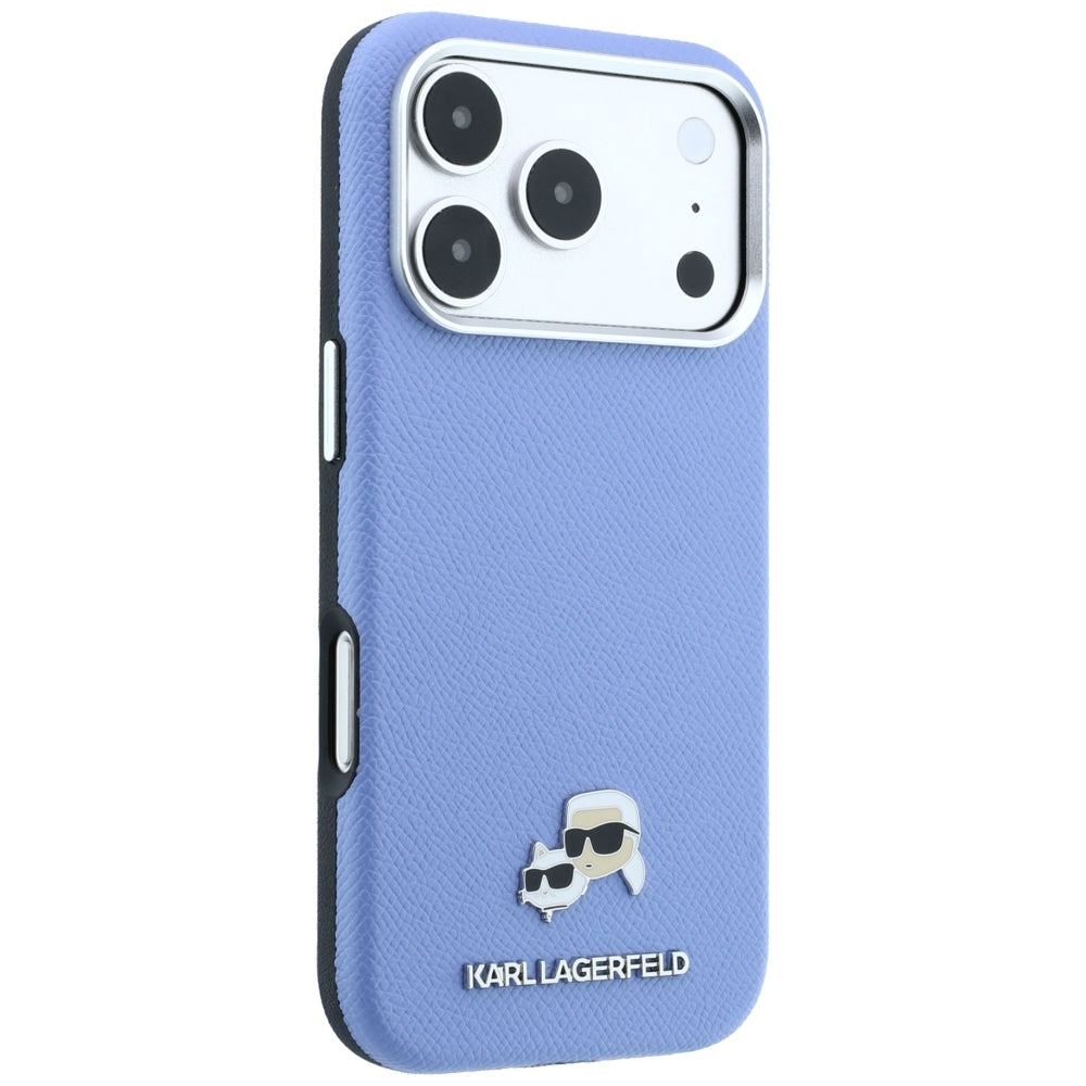 Coque MagSafe pour Apple iPhone 18 Pro / 17 Pro, Karl Lagerfeld, Grained Karl & Tête de Choupette en métal, Bleu
