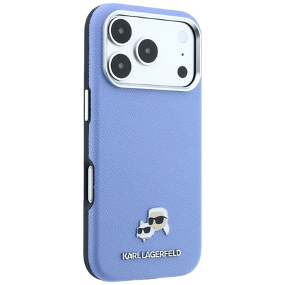 Coque MagSafe pour Apple iPhone 18 Pro / 17 Pro, Karl Lagerfeld, Grained Karl & Tête de Choupette en métal, Bleu