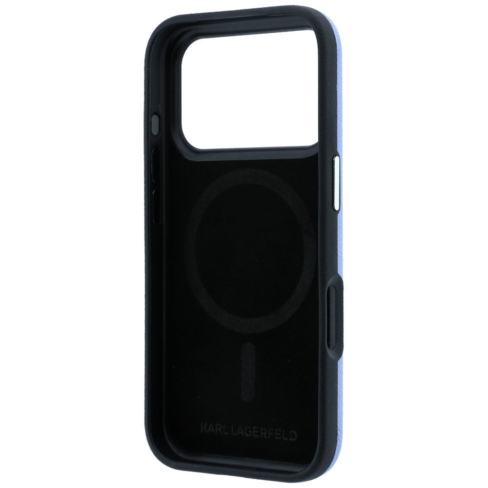 Coque MagSafe pour Apple iPhone 18 Pro / 17 Pro, Karl Lagerfeld, Grained Karl & Tête de Choupette en métal, Bleu