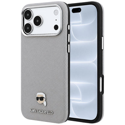 Coque MagSafe pour Apple iPhone 18 Pro / 17 Pro, Karl Lagerfeld, Métal Grainé Tête de Karl, Gris