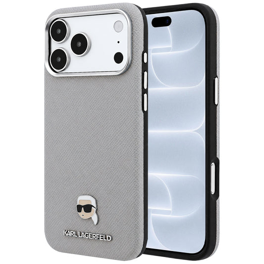 MagSafe-Hülle für Apple iPhone 18 Pro / 17 Pro, Karl Lagerfeld, Genarbtes Karl Head's Metal, Grau