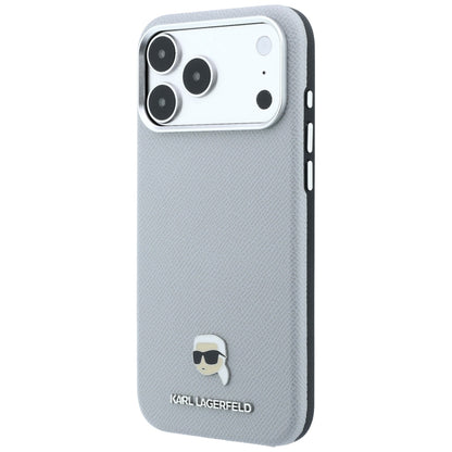 Coque MagSafe pour Apple iPhone 18 Pro / 17 Pro, Karl Lagerfeld, Métal Grainé Tête de Karl, Gris