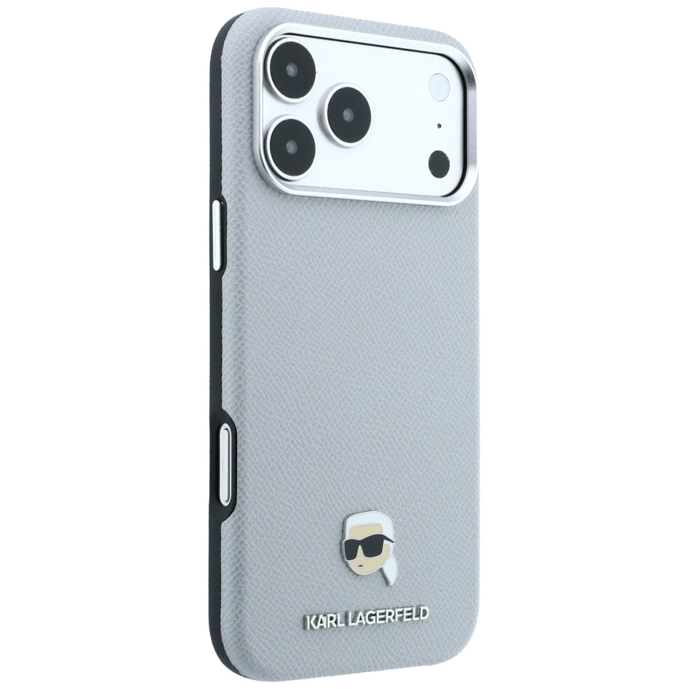 Coque MagSafe pour Apple iPhone 18 Pro / 17 Pro, Karl Lagerfeld, Métal Grainé Tête de Karl, Gris