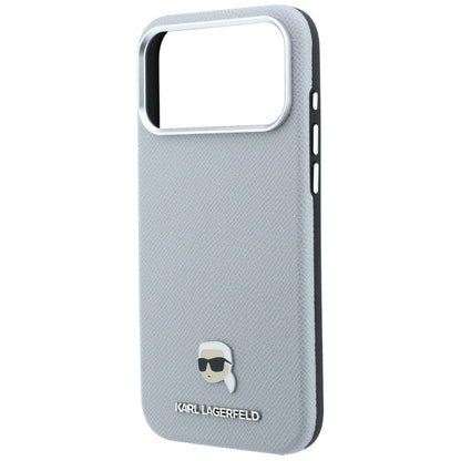 Coque MagSafe pour Apple iPhone 18 Pro / 17 Pro, Karl Lagerfeld, Métal Grainé Tête de Karl, Gris