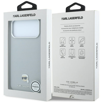 Coque MagSafe pour Apple iPhone 18 Pro / 17 Pro, Karl Lagerfeld, Métal Grainé Tête de Karl, Gris