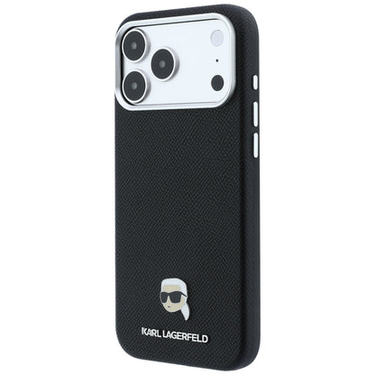 Coque MagSafe pour Apple iPhone 18 Pro / 17 Pro, Karl Lagerfeld, Métal Grainé Tête de Karl, Noire